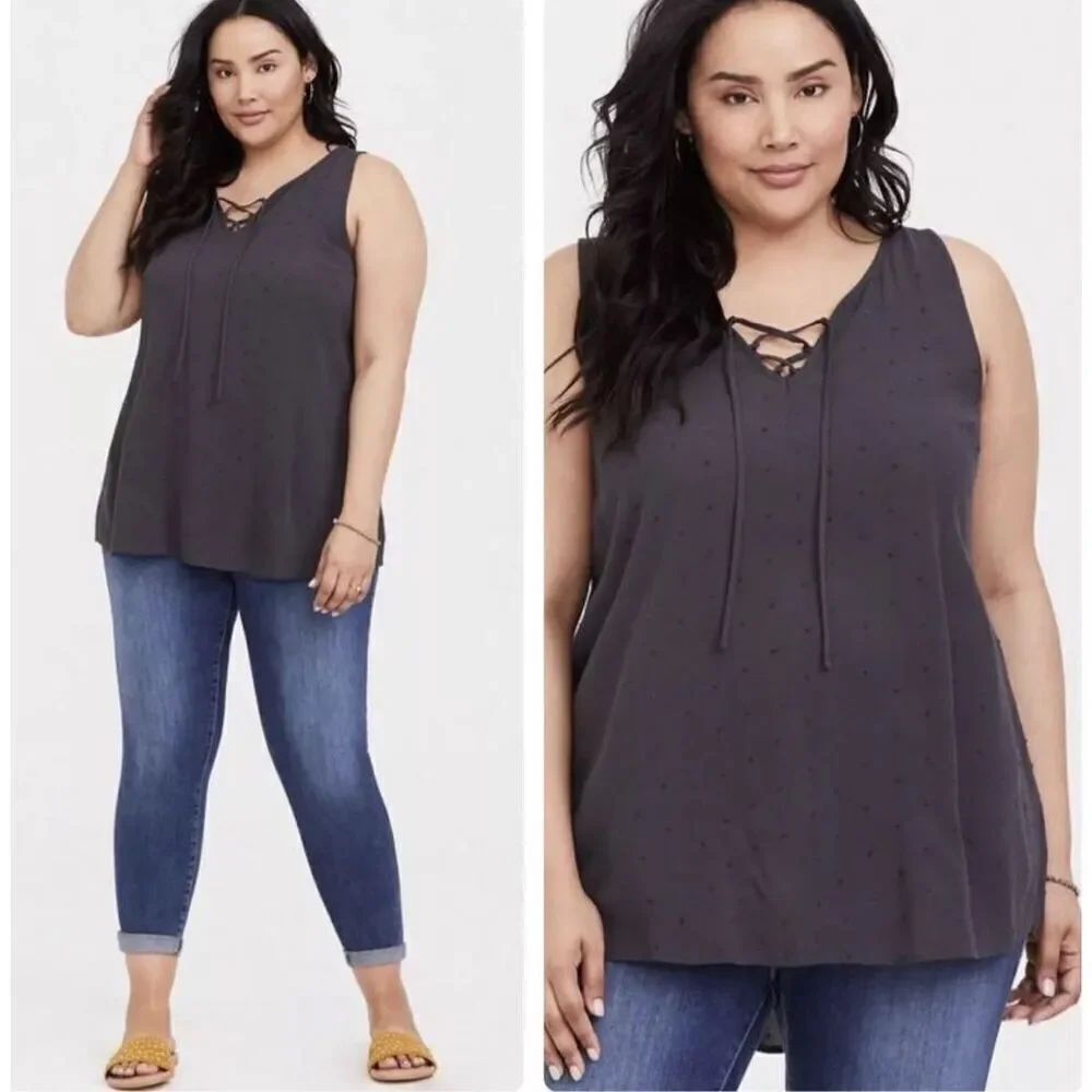 Torrid Dark Grey Swiss Dot Lace-Up Tank Top Tunic Shirt Plus Size 2X (0904)